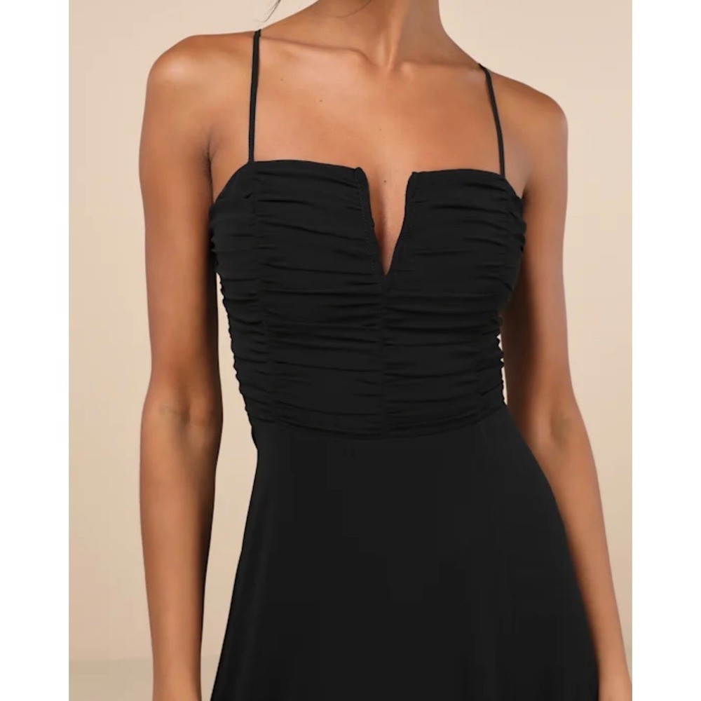 Lulus Sweeny Black Ruched Notched V-Neck Spaghetti Strap Maxi Dress  Size M - Picture 4 of 12